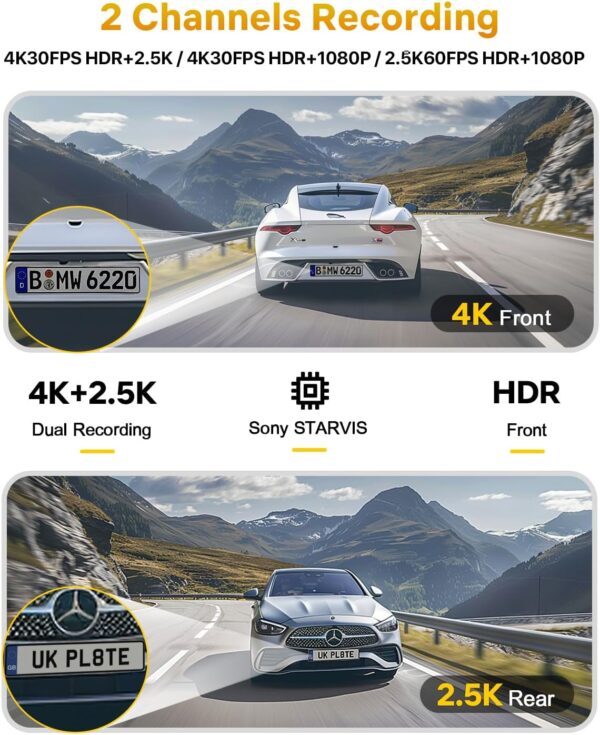 GKU 4K+2.5K Dash Cam Front and Rear, 5Ghz Wi-Fi & GPS, HDR, Dual Car Camera with 1.47” IPS Screen, Dashcam with 64GB SD Card, Starlight Night Vision, 24H Parking Mode, G-Sensor,Max 512GB - Image 4