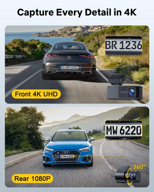 GKU 4K Dash Cam Front and Rear, 5Ghz Wi-Fi Dashcam with 3.18'' Touchscreen, GPS, Dual Car Camera Dash Cam with 64GB SD Card,Super Night Vision,WDR,Parking Monitor,G-sensor,Loop Recording,Max 512GB - Image 2