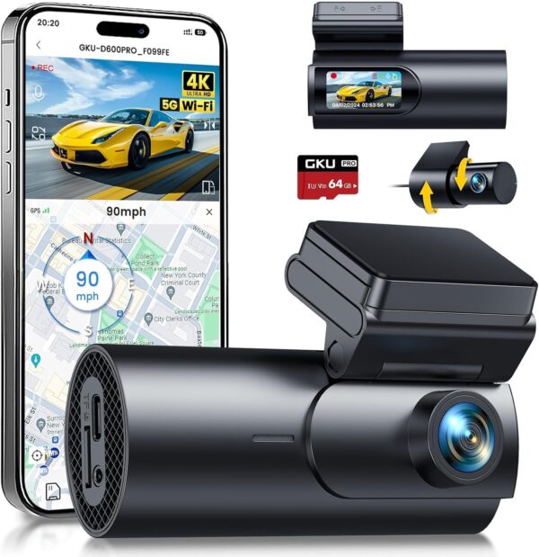 GKU 4K Dash Cam Front and Rear, 5GHz WiFi GPS, Dual Car Camera, 1.5” IPS Mini Dashcam for Cars with 64GB SD Card, 24H Parking Mode, Night Vision, WDR, 170° Wide Angle, G-Sensor, App Control, Max 256GB