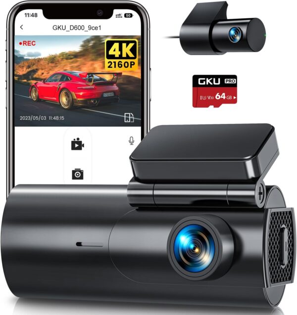 GKU 4K Dash Cam Front and Rear WiFi Dashcam with 64GB SD Card, Dual Car Camera Dash Cam with Parking Monitor, Night Vision, WDR, 170° Wide Angle, G-Sensor, Loop Recording, APP Control, Max 256GB