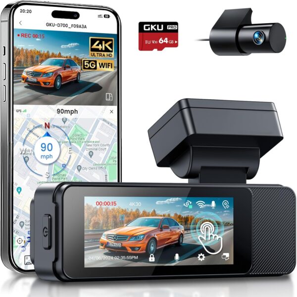 GKU 4K Dash Cam Front and Rear, 5Ghz Wi-Fi Dashcam with 3.18'' Touchscreen, GPS, Dual Car Camera Dash Cam with 64GB SD Card,Super Night Vision,WDR,Parking Monitor,G-sensor,Loop Recording,Max 512GB