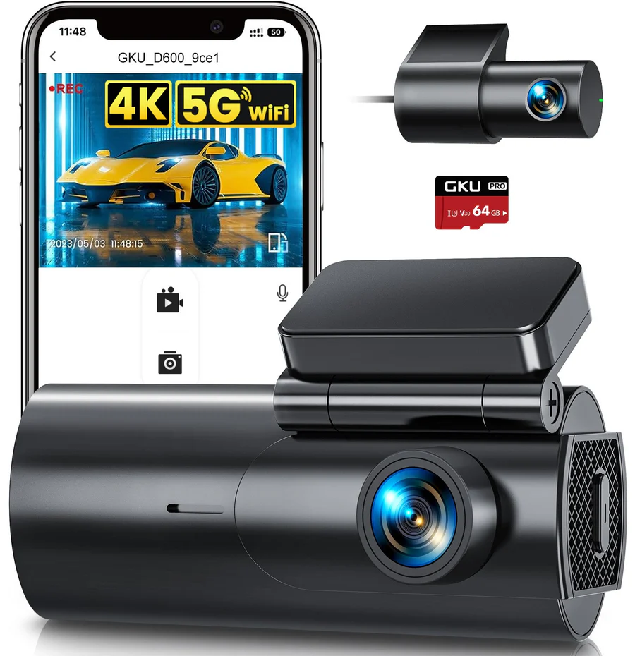GKU D600 4K Dash Cam Front and Rear WiFi Dashcam with 64GB SD Card, Dual Car Camera Dash Cam with Parking Monitor, Night Vision, WDR, 170° Wide Angle, G-Sensor, Loop Recording, APP Control, Max 256GB - Image 2